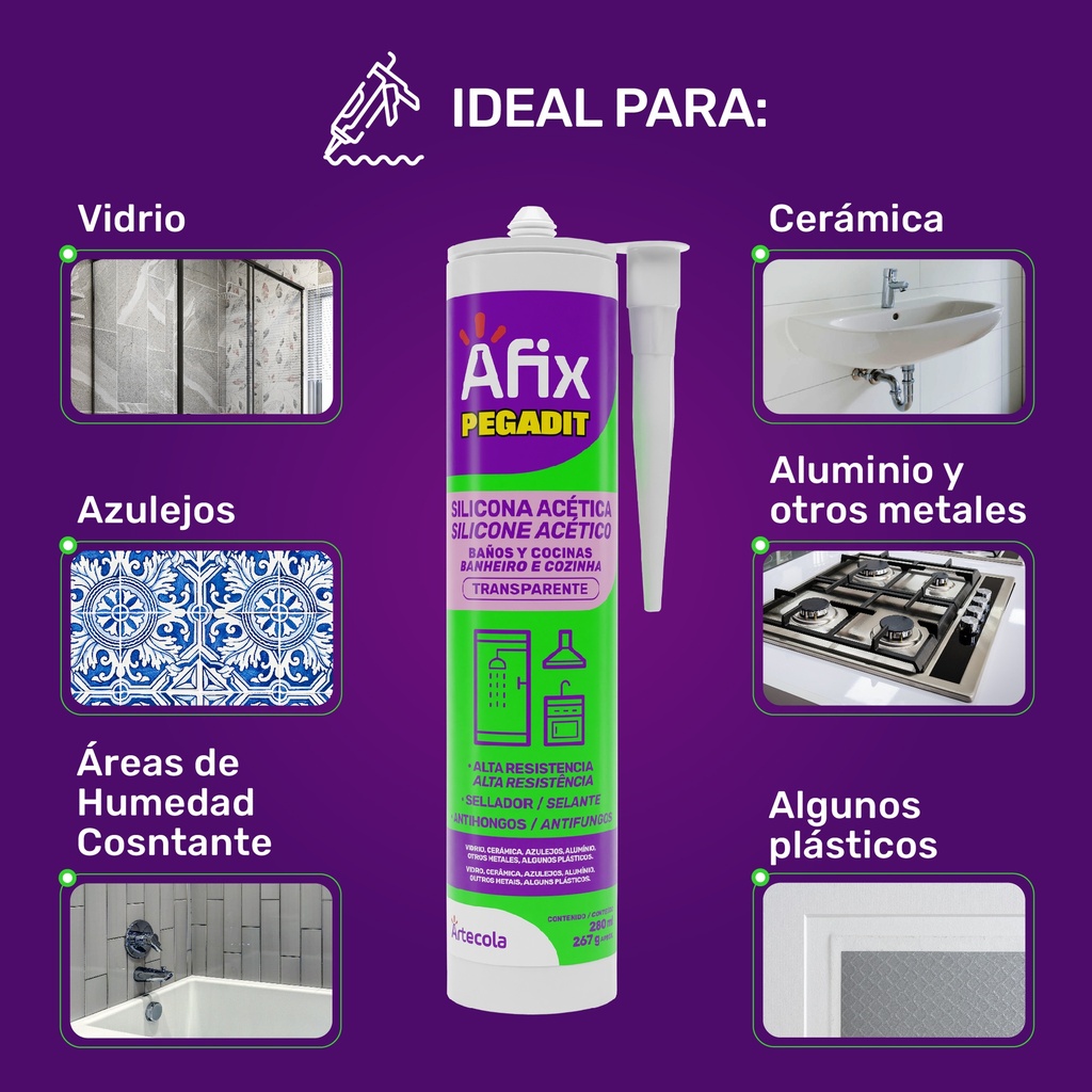 AFIX BAÑO Y COCINA SILICONA ACETICA TRANSP. 280ML/267G - Caja de 12
