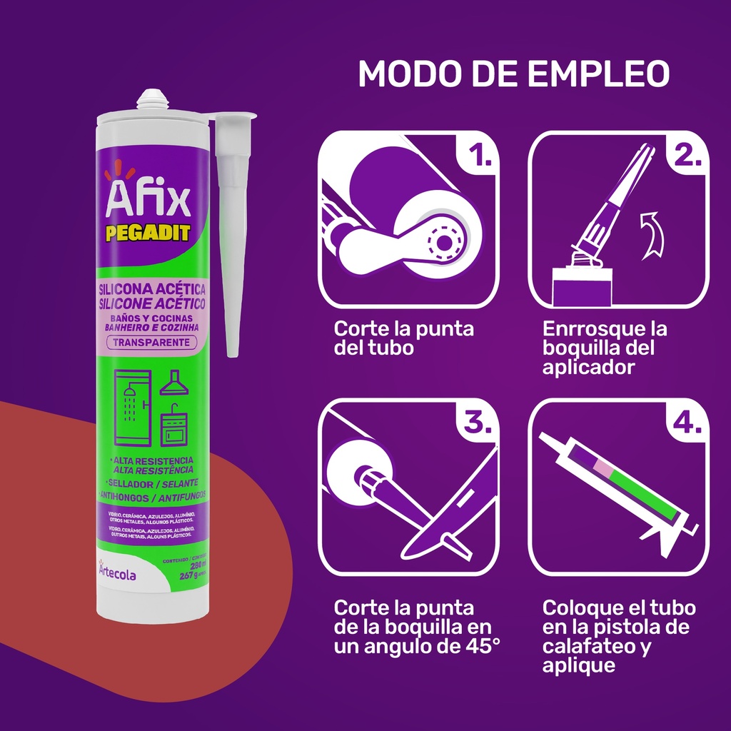 AFIX BAÑO Y COCINA SILICONA ACETICA TRANSP. 280ML/267G - Caja de 12